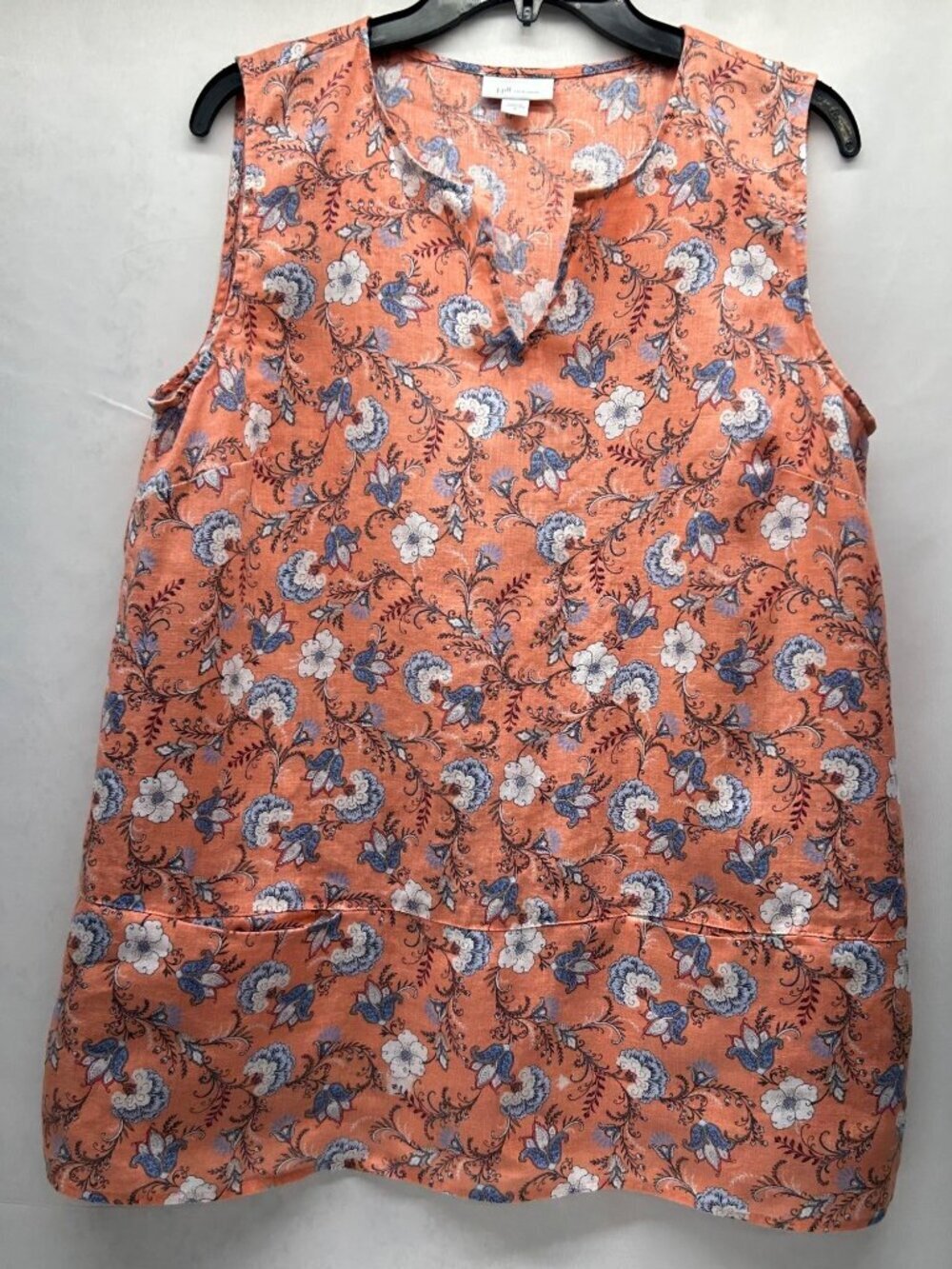 J jill Love Linen Sleeveless Tunic Coral and Blue Floral Women's M Pockets